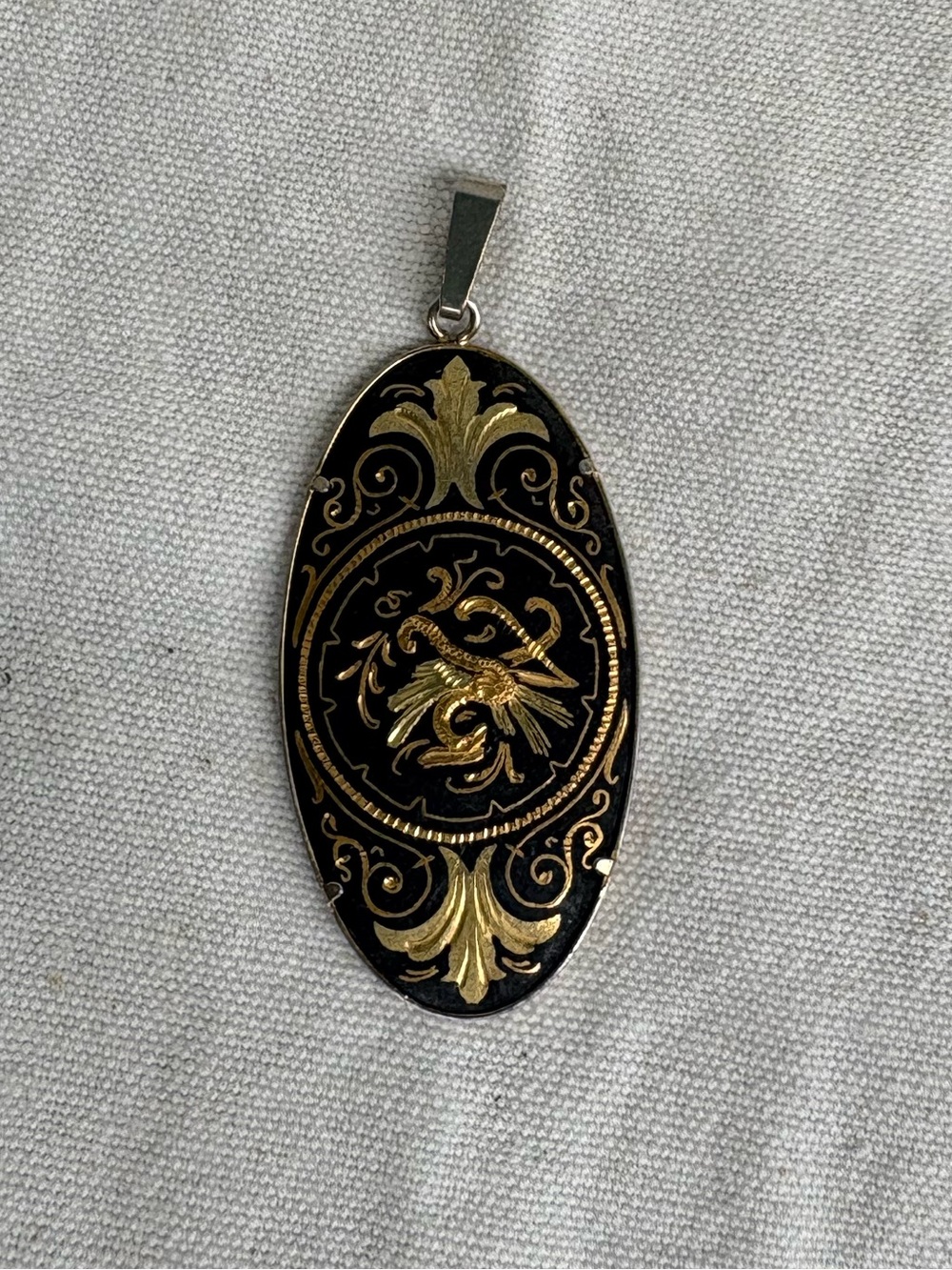 Antique Damascene Oval Black and Gold Pendant